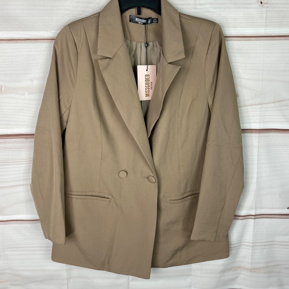 Missguided Jacket Women US 2P Tan Double Breasted Longline Blazer Collar Lined